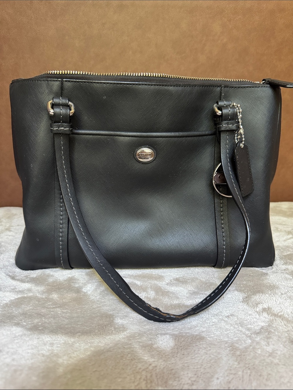 Coach Black Saffiano Leather Shoulder Bag with Charm